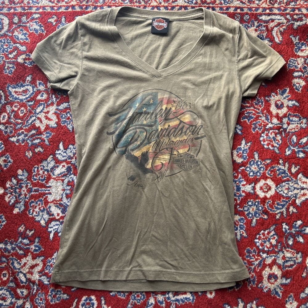 Harley Davidson Womens  Green American Flag T-Shirt Size Medium